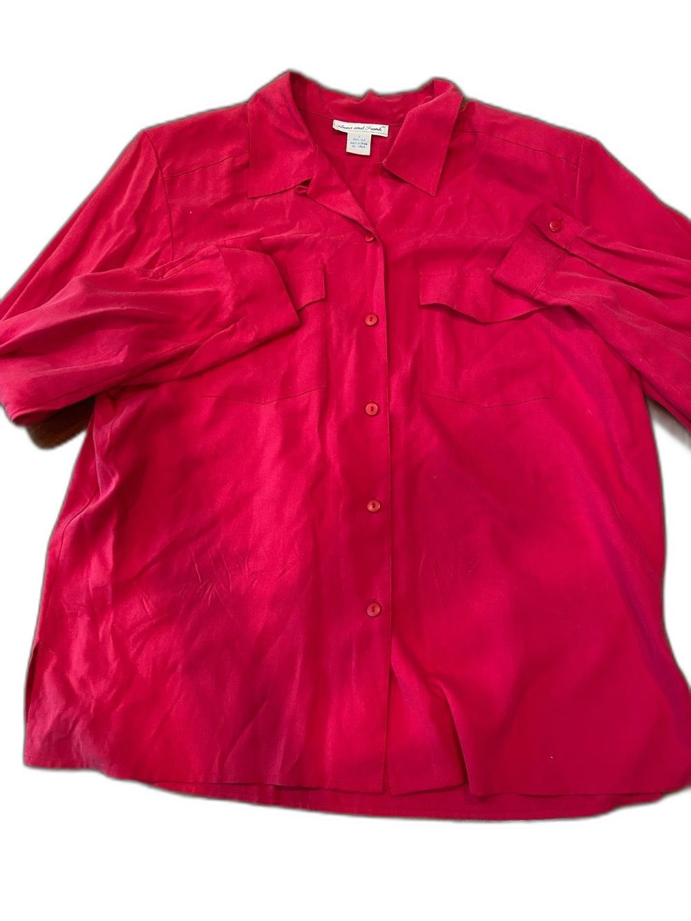 Anna And Frank 100% Silk Button down Large Shirt Red Padded Shoulders Large VTG